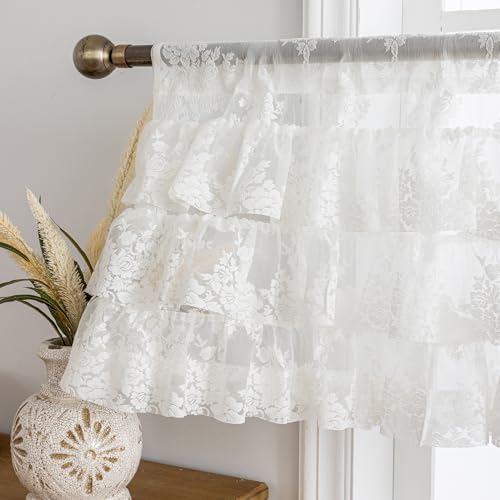 Kotile Ivory Lace Ruffle Valance for Windows W52 x L18 Inch, 1 Panel - color: Ivory - Ruffle Lace