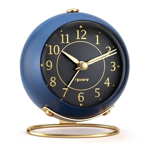 rjuwurv Metal Desk Alarm Clock, Retro Bedroom Table Vintage Analog Silent Non-Ticking Gold Alarm Clock, Bedside Decor(Navy Blue) - color: Navy Blue