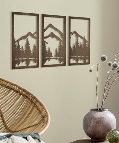 Putuo Decor 3피스 산 숲 나무 벽 아트 세트, 천연 벽 아트 장식, 캐빈 침실 입구 거실용 미니멀리스트 벽 조각 - color: 마운틴