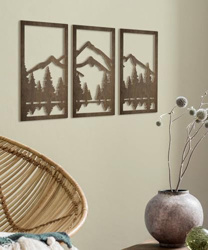 Putuo Decor 3피스 산 숲 나무 벽 아트 세트, 천연 벽 아트 장식, 캐빈 침실 입구 거실용 미니멀리스트 벽 조각 - color: 마운틴