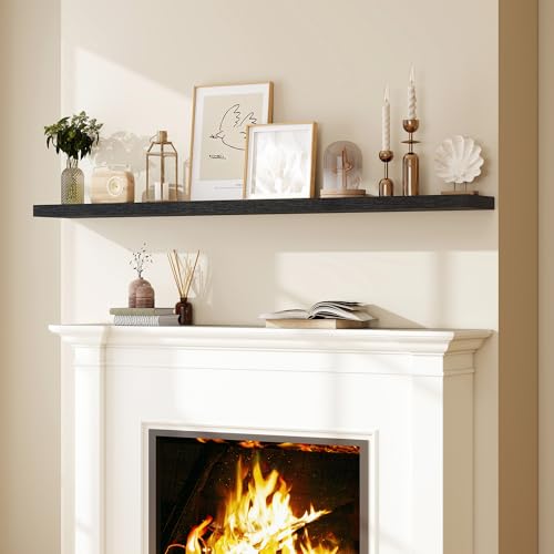 Fun Memories 72 Inch Floating Shelves for Wall, Fireplace Mantel Shelf with Invisible Heavy Duty Bracket, 8 Inch Deep Storage Shelf for Living Room, Kitchen, Farmhouse, Black (2-Pack) - color: Black, size: 72"L x 8"D