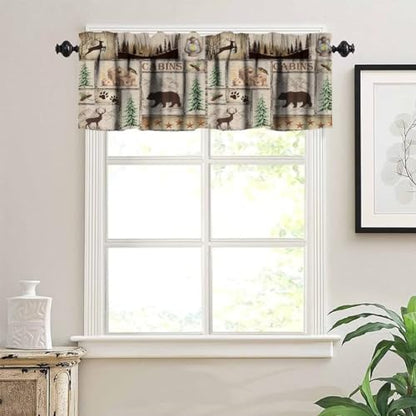 Rustic Cabin Valance Curtain, Lake Country Lodge Bear Deer Forest Farmhouse Camp Woodland Brown Blackout Short Window Curtain for Bedroom Living Room Kitchen,54x18in - color: Bear-10