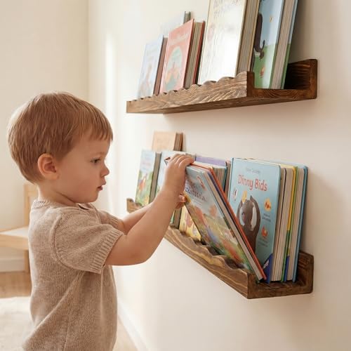 Fun Memories Scalloped Nursery Book Shelves 32in, Solid Pine Wood Floating Shelves for Wall, Kids Wall Book Shelves for Bedroom, Toddler Room & Nursery Decor, Set of 2 - color: Carbonized Brown, size: 32", Set of 2