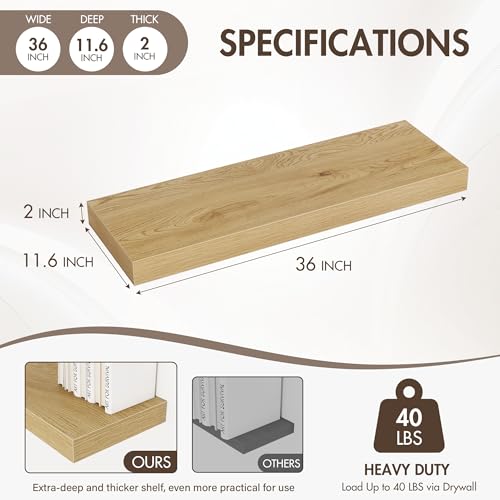 Acovy 36 Inch Floating Shelves, 12" Deep Floating Shelf Wall Mounted, 36" Wall Shelves, Rustic Deep Bookshelf, Extra Deeper & Thicker Display Shelves for Bedroom, Living Room, Oak, Set of 2 - color: Oak, size: 12"Wx36"L-2pcs