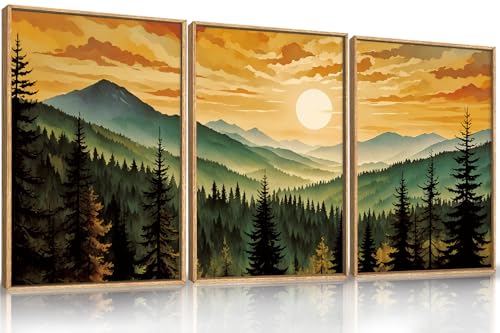 LHIUEM Large Boho Sunset Mountain Framed Canvas Wall Art,Retro Pine Tree Wall Decor,Nature Foggy Forest Wall Painting,Bohemian Landscape Artwork for Living Room,Bedroom,Dining Room,Office -16"x24"x3 - color: Sunset Forest Mountain Wall Art, size: 16"x24"x