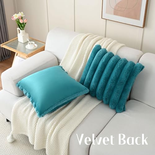 HAUSSY Pack of 2 Faux Fur Striped Throw Pillow Covers 18x18 Inch, Teal - color: Teal, size: 18" x 18" (Pack of 2)