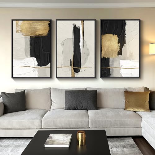 Large Framed Black and White Abstract Wall Art for Living Room, 3 Piece - color: Block, size: 24" W x 36" H x 3Pcs