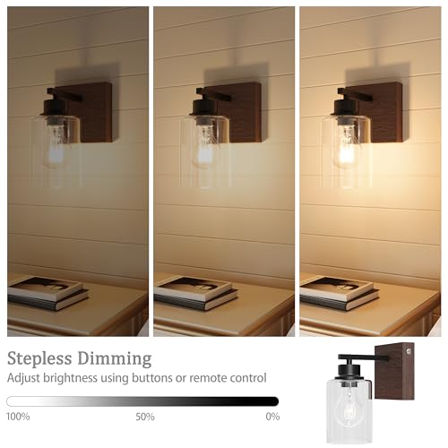Rayogale Wireless Battery Operated Wall Sconce Set of 2 with Remote Control | Black & Walnut Dimmable Rechargeable Wall Lights with Timer, Easy Install Glass Lamp for Living Room Bedroom, Emergency 3000K - color: Black Walnut(Clear Lampshades)