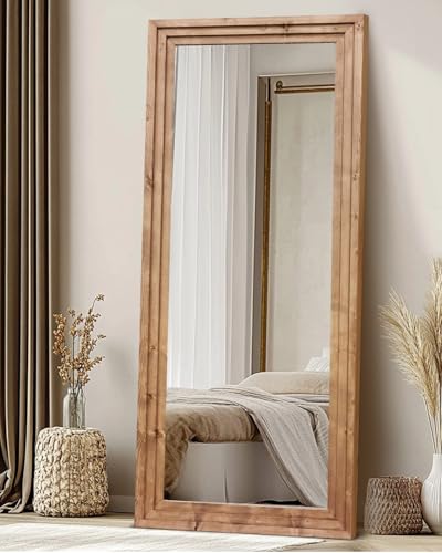 71x30in Full Length Mirror, 3-Tier Stepped Solid Wood Frame - color: Light Brown, size: 71"L x 30"W