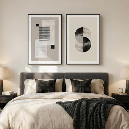 Large Framed Neutral Abstract Wall Art for Living Room Set of 2, 24x36 In - color: Black white Geometry, size: 24" W x 36" H x 2Pcs