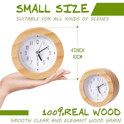 Wooden Analog Alarm Clock Silent Non-Ticking Desk Clock Battery Operated Table Clock with Nightlight for Bedroom,Children's Room, Living Room,Natural(4Inch) - color: Natural Wood
