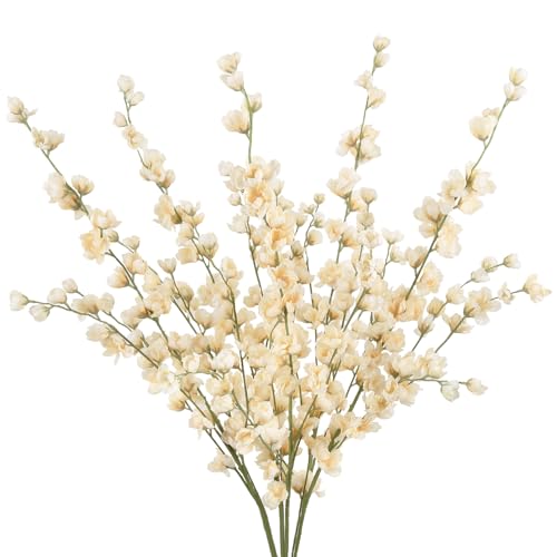 IPOPU Delphinium Artificial Flowers,5PCS Fake Larkspur Flowers 45.6in Long Stem Silk Flowers for Tall Vase Table Centerpieces Wedding Home Decor (Champagne) - color: Champagne
