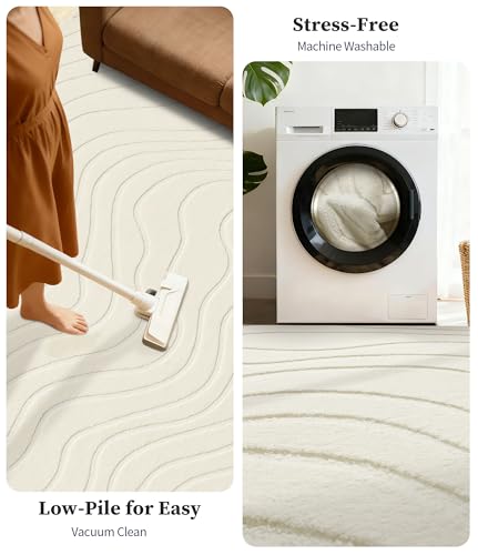YIHOUSE 6x9 Abstract Wave Striped Area Rug, Modern Washable High-Low Pile Rug, Soft Textured Carpet for Living Room, Bedroom,Dining Room, Beige Ivory White - size: 6' x 9'