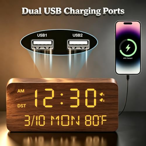 Premium Brown Wooden Digital Alarm Clock with Wireless Phone Charger, Dual USB Charging Ports, Dimmable LED Display, Date and Day of Week, Small Digital Desk Clock for Bedroom Nightstand Bedside Table - color: Brown