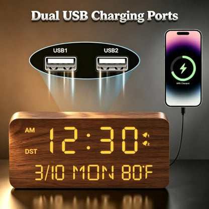 Premium Brown Wooden Digital Alarm Clock with Wireless Phone Charger, Dual USB Charging Ports, Dimmable LED Display, Date and Day of Week, Small Digital Desk Clock for Bedroom Nightstand Bedside Table - color: Brown