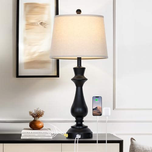 Cinkeda Touch Lamps for Night Stand - 29.5" Tall Bedside Lamp with USB C+A, 3 Way Dimmable Bedroom Lamps, Black Metal Table Lamps for Living Room,Single Black - color: Black-1P