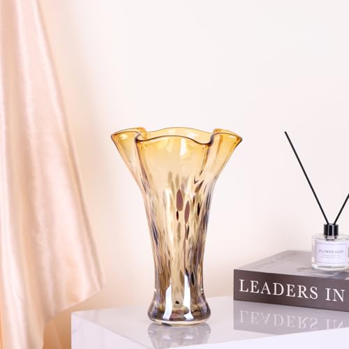 9.0" H Amber Glass Vases for Flower, Unique Hand Blown Glass Vase - color: Gold Amber