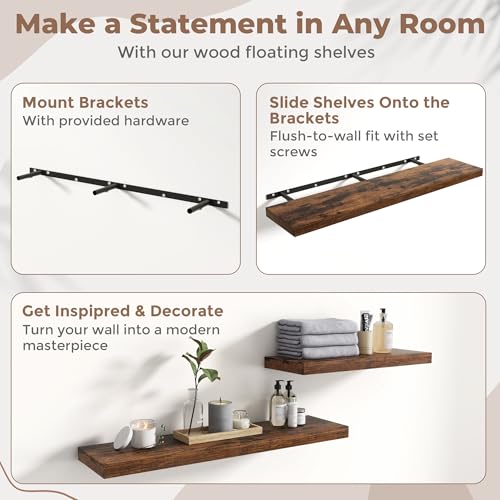 72 Inch Floating Shelves, 12"Deep Wall Shelf, 80 Lbs Capacity, Brown, 2pcs - color: Brown, size: 72"Wx12"Dx1.5"H