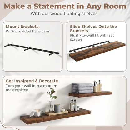 72 Inch Floating Shelves, 12"Deep Wall Shelf, 80 Lbs Capacity, Brown, 2pcs - color: Brown, size: 72"Wx12"Dx1.5"H
