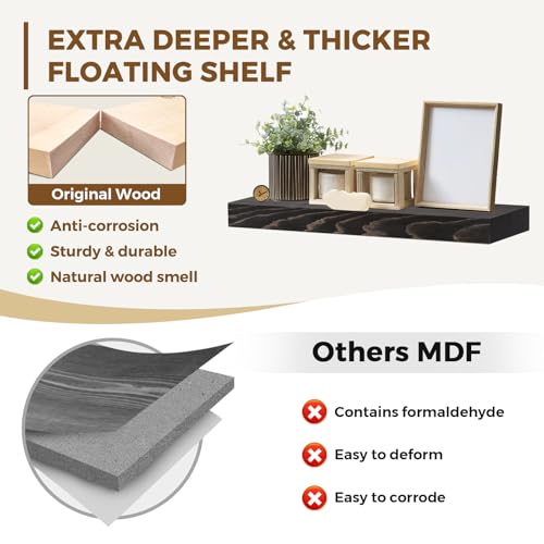 Solid Wood Floating Shelves, 17 Inch Wall Shelves, Set of 2, Black - color: Black, size: 17x8x1.6