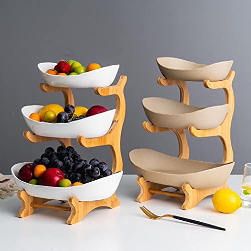 XUDREZ 3-Tier Ceramic Fruit Basket with Bamboo Tray, Large Capacity - color: white porcelain