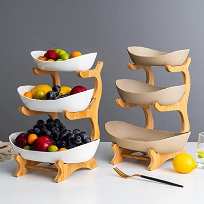 XUDREZ 3-Tier Ceramic Fruit Basket with Bamboo Tray, Large Capacity - color: white porcelain