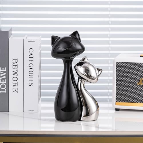SURE YUESI Ceramic Cat Statue Set of 2, Black & Silver Cute Cat Figurines, Desk & Shelf Decor for Cat Lovers, Office Home Decor, Lucky Cat Memorial Gift for Women