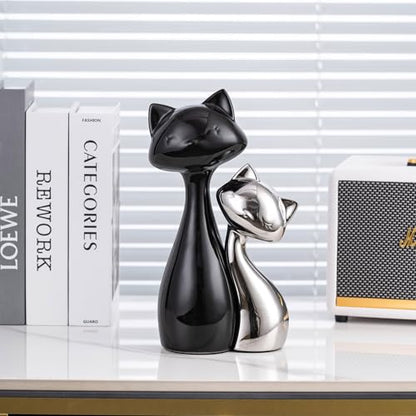 SURE YUESI Ceramic Cat Statue Set of 2, Black & Silver Cute Cat Figurines, Desk & Shelf Decor for Cat Lovers, Office Home Decor, Lucky Cat Memorial Gift for Women