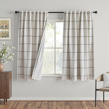 MYSKY HOME 100% Blackout Plaid Linen Curtains 63 Inches Long Double Layer Farmhouse Thermal Insulated Checkered Print Drapes with Rod Pocket Back Tab for Bedroom Living Room, 2 Panels, 52"Wide, Black - color: Black, size: 52"W x 63"L (Pack of 2)