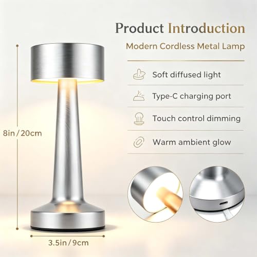 HPUFKOT Portable LED Table Lamp, 3-Levels Brightness Metal Desk Lamp,3 Color Touch Control Rechargeable Lamp, Ideal Bedside Lamp for Nightstand,Bedroom, Living Room (Silver) - color: Silver