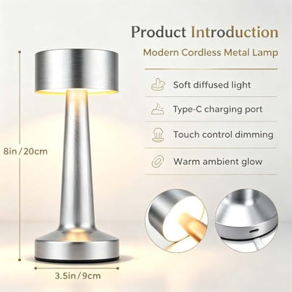 HPUFKOT Portable LED Table Lamp, 3-Levels Brightness Metal Desk Lamp,3 Color Touch Control Rechargeable Lamp, Ideal Bedside Lamp for Nightstand,Bedroom, Living Room (Silver) - color: Silver