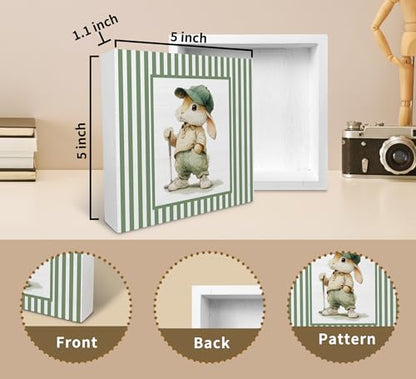 KU-DaYi Funny Bunny Golfer Gifts Wooden Box Sign, Sage Green Striped Golfing Wood Box Decorations for Kids Nursery Bedroom Room, Easter Rabbit Golf Wooden Block Plaque Desk Shelf Decor Accent 5x5 Inch