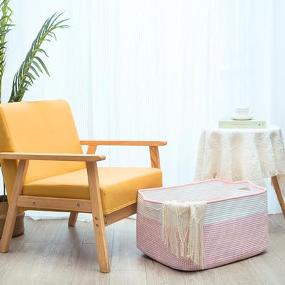 MINTWOOD Design 22in Extra Large Blanket Basket Holder Living Room, Rectangle Rope Woven Storage Basket with Handles for Laundry, Pool Towels, and Shoes, Dog Toy Organizer Bin Box, Light Pink - color: Light Pink