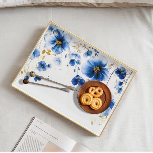 Serving Tray with Handles, 15.7 * 11.8 inches, Plastic Ottoman Tray with Exquisite Paintings, Trays for Coffee Table - color: Charm Blue