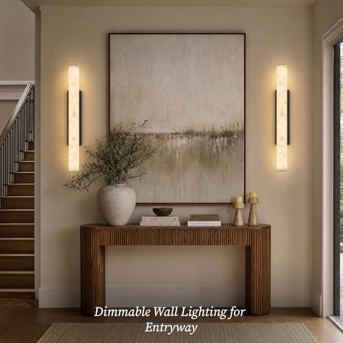 Artisan Alabaster Wall Sconces Set of 2, 36in Matte Black Linear Sconce, Faux Alabaster Sconce for Bathroom Vanity, 3000K Dimmable Hardwired Modern Wall Sconces for Bedroom Living Room Hallway - color: Black-36in-2Pcs