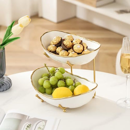 2-Tier Fruit Bowls for Kitchen Counter,Ceramic White Bowl with Gold Metal Stand,2 Tier Fruit Basket for Fruit,Snack,Cake,Nuts,Dessert Space Saving Storage - color: Gold&White