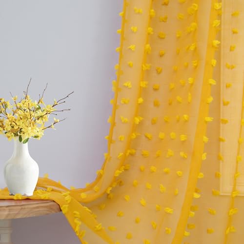 DANCURTON Pom Pom Mustard Yellow Sheer Curtains 63 Inch Length for Bedroom Decor Set of 2 Panels Semi Sheer Gold Yellow Drapes for Bay Window Kitchen Kids Nursery Girls Room Back Tab Rod Pocket 52x63 - color: Yellow, size: 52"W x 63"L (Pack of 2)