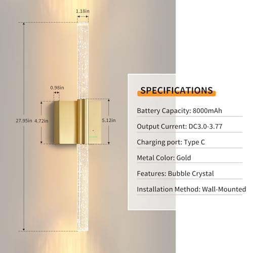 28” Wall Sconces Set of 2, Rechargeable Battery Powered Wall Light - color: Gold