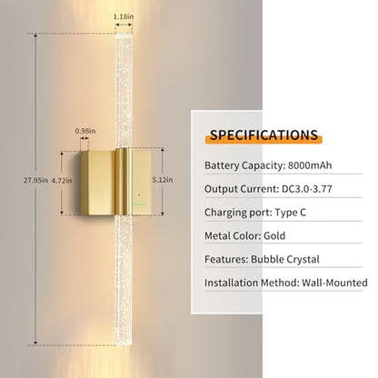 28” Wall Sconces Set of 2, Rechargeable Battery Powered Wall Light - color: Gold