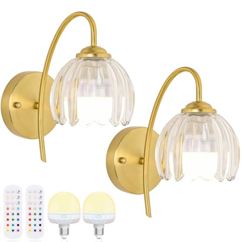 Battery Operated Wall Sconces Set of 2, Clear Tulip Glass Wall Lights | Rechargeable flower wall lamps with remote control, 15 colors, 10-level dimming and timer for bedroom and living room - color: Clear Tulip