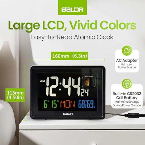 Baldr Digital Alarm Atomic Clock, 7'' Display with Adjustable Brightness - color: Black
