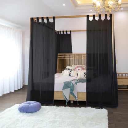 Linentalks Black Canopy Bed Curtains - 8 Panels Set with Tiebacks, Easy Open & Close Tabs, Quick Install for 4 Poster Bed or Queen Bed Frames, Romantic Touch for Bedrooms, Canopy Bed Curtains Queen - color: Black