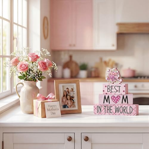 Smile 4 Pcs Mother's day Indoor Wooden Decor, Best Mom In the World Tiered Tray Farmhouse Table Decoration for Home and Office - style: Motherday