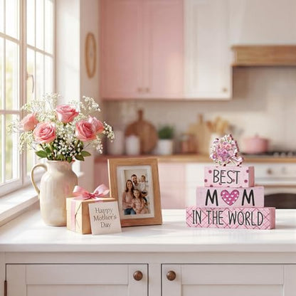 Smile 4 Pcs Mother's day Indoor Wooden Decor, Best Mom In the World Tiered Tray Farmhouse Table Decoration for Home and Office - style: Motherday
