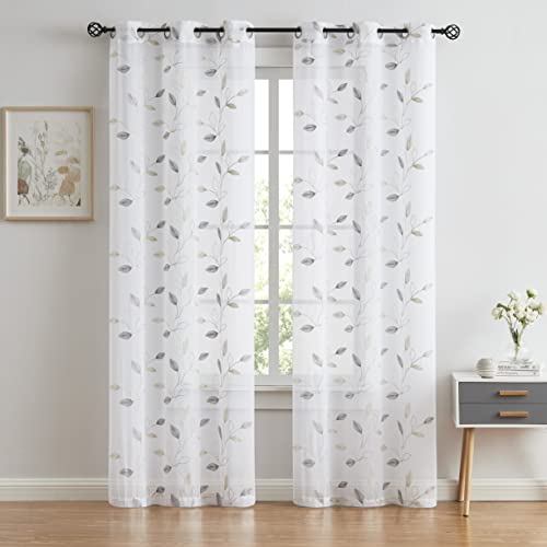 Bujasso Embroidered Leaf Sheer Curtains, Gray Beige 38" Wx84 Lx2 - color: Yellow Grey, size: 38"W x 84"L (Pack of 2)