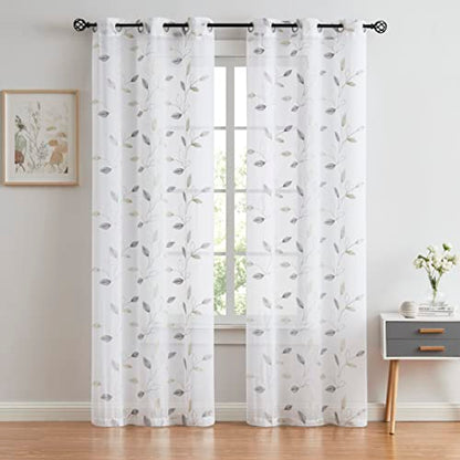 Bujasso Embroidered Leaf Sheer Curtains, Gray Beige 38" Wx84 Lx2 - color: Yellow Grey, size: 38"W x 84"L (Pack of 2)