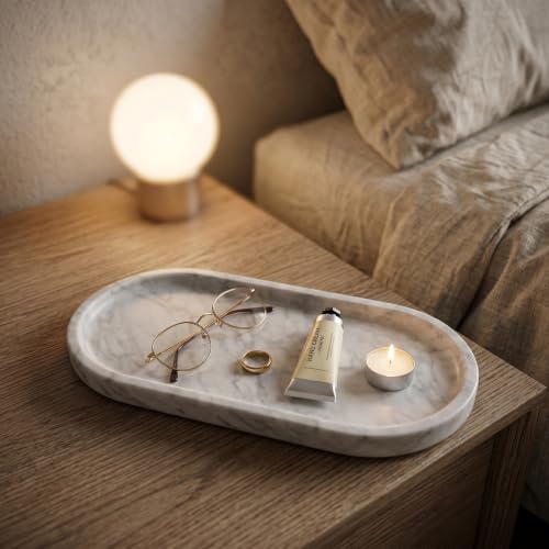 YKAJO Carrara White Gray Oval Marble Tray, 11.8x5.9 Perfume Organizer Dish - color: Carrara White Gray, size: 11.8" x 5.9" x 0.6"