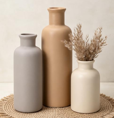 Ceramic Vase Set of 3, Brown Neutral Rustic Vases for Farmhouse Decor - color: 3pcs-neutral