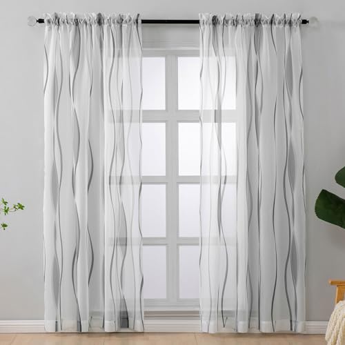L.Z.E White and Grey Sheer Curtains 63 Inch Length for Living Room 2 Panels Set, Short Voile Sheer Curtains & Drapes for Bedroom Dining Room Kids Room Rod Pocket Wave Pattern Window Sheers (55W x 63L) - color: (Rod Pocket) White Grey, size: 55"W x 63"L (P