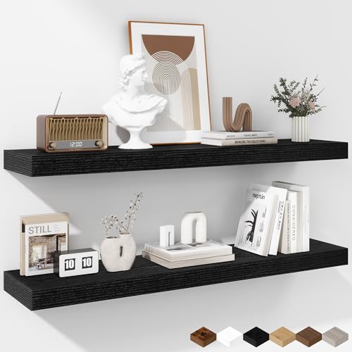 Fun Memories 36 Inch Floating Shelves - Deep Rustic Black Wooden Wall Shelves - Extra Deeper & Thicker Wall Mounted Storage Shelf for Bedroom, Kitchen, Farmhouse - 2 Pack, Rustic Black - color: Black, size: 36"L x 8"D